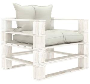 Ogrodowe siedzisko z palet, z beżowymi poduszkami, drewniane