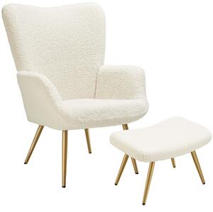 Tectake fotel hygge, tapicerowany, ergonomiczny, nośność 150 kg - ze stołkiem, bouclé kremowy/złoty
