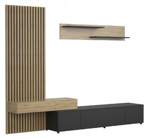 Meblościanka Lucimo 250 cm z lamelami - czarny / dąb artisan