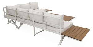 EMWOmeble Zestaw Duży ogrodowy BARBADOS NEW2 | Aluminium | Biały | Drewno tekowe | Białe poduszki