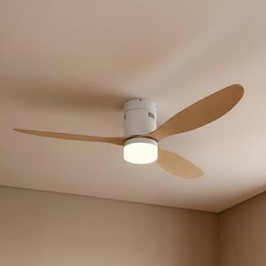 Wentylator sufitowy LED Lucande Kayu, biały/drewniany, DC, 132 cm Kayu, jasne drewno, salon / jadalnia, tworzywo sztuczne, nowoczesny