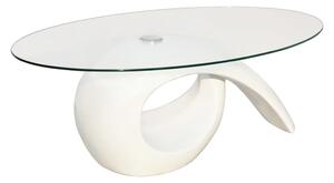 Biały stolik kawowy o owalnym, szklanym blacie, wysoki połysk