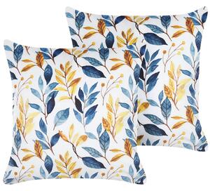 Zestaw 2 poduszek dekoracyjnych welurowe w liście 45x45cm żółte z niebieskim Cattleya Beliani