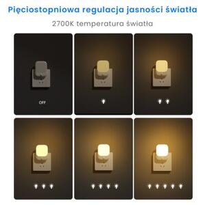 Lampka nocna do gniazdka z czujnikiem ruchu i zmierzchu do sypialni biała prostokątna regulacja jasności ciepła barwa LED 0.6W PATI Eko-Light