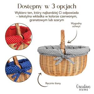 Kosz Piknikowy Wiklinowy | CREATIVE HOME | z Szarym Obszyciem w Kropki 43x32x37cm | Naturalny Brąz