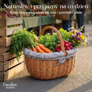 Kosz Piknikowy Wiklinowy | CREATIVE HOME | z Szarym Obszyciem w Kropki 43x32x37cm | Naturalny Brąz