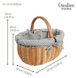 Kosz Piknikowy Wiklinowy | CREATIVE HOME | z Szarym Obszyciem w Kropki 43x32x37cm | Naturalny Brąz