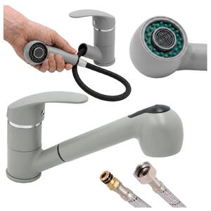 Granitan – bateria kuchenna – bateria zlewozmywakowa – wysuwana wylewka – 2 rodzaje strumienia – szara – mosiężna – HAND