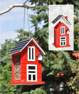 HI Wiszący karmnik dla ptaków-domek, 14x12x22 cm, czerwono-biały