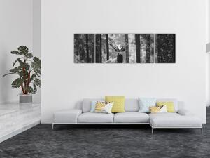Obraz - Jeleń w lesie 2, czarno - biały (170x50 cm)