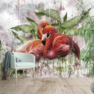 Fototapeta - Flamingi na betonowej ścianie (196x136 cm)