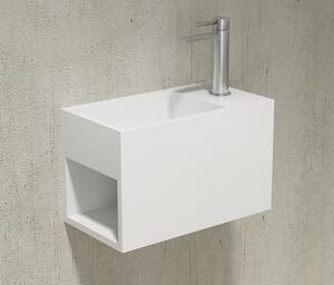 Podwieszana umywalka z półeczką PB2046 z żywicy syntetycznej (solid stone) – 33 × 18 × 20,5 cm – biały mat