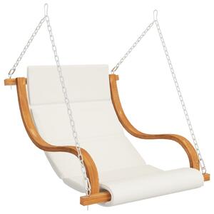 Fotel powieszany, kremowa poduszka, gięte drewno w kolorze teku