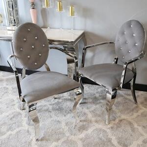 Krzesło Ludwik II glamour Arms Grey - szare krzesło pikowane kryształkami, kołatka