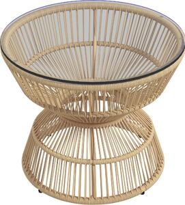 Stolik kawowy Outsunny Rattan, Ø60 cm, stolik ogrodowy z blatem ze szka hartowanego, stolik balkonowy w stylu boho, stolik kawowy do ogrodu, na balkon, drewno naturalne