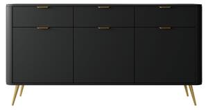 Komoda z szufladami i szafkami Oval czarna 163 cm, do salonu, do przedpokoju, wysoka, złote nóżki