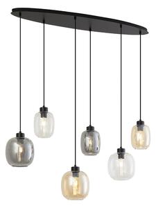 Lampa wisząca czarna z bursztynowym, przydymionym i przezroczystym szkłem, 6-punktowa - Elena