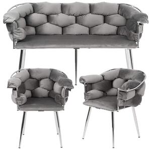 Sofa glamour + 2 fotele CHIC / szary welur srebrna rama