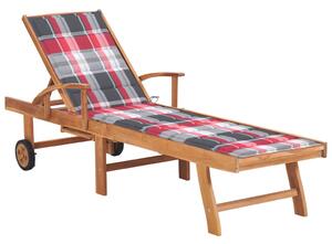 Leżak z poduszką w czerwoną kratę, lite drewno tekowe