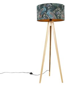Nowoczesna lampa podłogowa z drewna abażur z tkaniny paw 50 cm - Tripod Classic Oswietlenie wewnetrzne