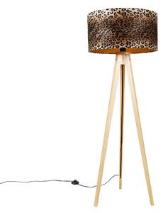 Nowoczesna lampa podłogowa drewno tkanina abażur lampart 50 cm - Tripod Classic Oswietlenie wewnetrzne