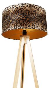Nowoczesna lampa podłogowa drewno tkanina abażur lampart 50 cm - Tripod Classic Oswietlenie wewnetrzne