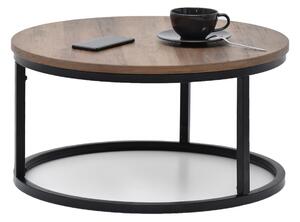 Mały okrągły stolik loftowy kodia s orzech vintage na czarnej nodze ze stali