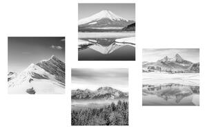 Zestaw obrazów ośnieżone góry w czerni i bieli