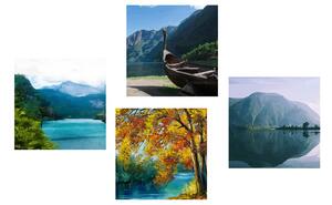Zestaw obrazków imituja malowidła górskie jezioro