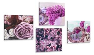 Zestaw obrazów martwa natura w kolorze liliowym