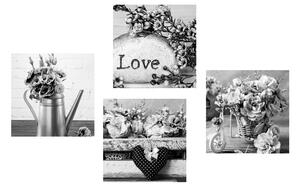 Zestaw obrazów romantyczna martwa natura w stylu vintage w czerni i bieli