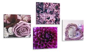 Zestaw obrazów fioletowe kwiaty z sercem