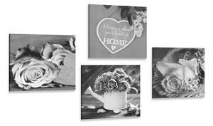 Zestaw obrazów czarno-białe kwiaty z napisem Home