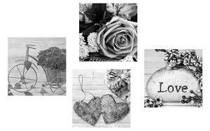 Zestaw obrazów czarno-biała martwa natura z napisem Love