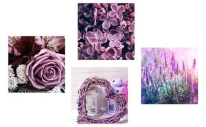 Zestaw obrazów piękne fioletowe kwiaty z sercem