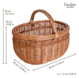 Kosz Piknikowy Wiklinowy | CREATIVE HOME | z Uchwytem i Oplotem 44x33x36cm | Naturalny Brąz