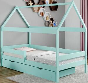 Turkusowe łóżko domek z szufladą i materacem - Petit 4X 160x80 cm