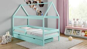 Turkusowe łóżko domek z szufladą i materacem - Petit 4X 160x80 cm