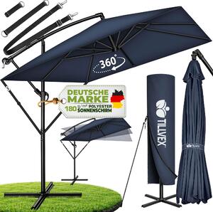 Tillvex® Prostoktny parasol aluminiowy Ø 330 cm granatowy + pokrowiec z korbk | Kwadratowy parasol wspornikowy ze stojakiem i wiatrochronem | Aluminiowy parasol ogrodowy z ochron UV | Parasol z korbk Wodoodporny, obracany o 360
