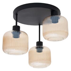 Lampa sufitowa Maria czarna z trzema bursztynowymi, ryflowanymi kloszami