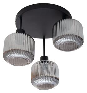 Lampa sufitowa Maria czarna z trzema przydymiono-szarymi, ryflowanymi kloszami