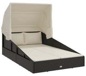 Leżak ze składanym dachem, czarny, 200x114x128 cm, polirattan