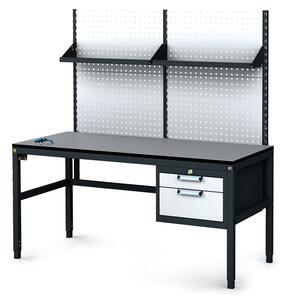 Antystatyczny stół warsztatowy ESD z panelem perforowanym i półkami, 2 skrzynki szufladowe na narzędzia, 1600 x 800 x 745-985 mm