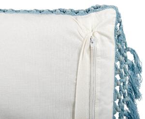 Poduszka dekoracyjna bawełna 45 x 45 cm z frędzlami biało-niebieska Pallida Beliani
