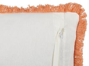 Poduszka dekoracyjna bawełna 45 x 45 cm z frędzlami biało-pomarańczowa Sativus Beliani