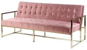 Sofa rozkładana welurowa złota rama 3-osobowa pikowana różowa Marstal Beliani