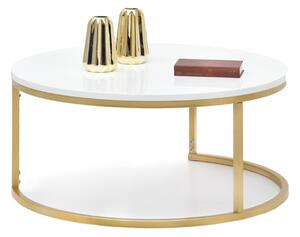 Modny okrągły stolik kawowy kodia xl glamour biały połysk na złotej podstawie ze stali