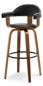 Drewniane krzesło barowe obrotowe nr 37 orzech tapicerowane czarną skórą