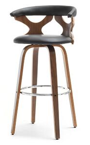 Ażurowy hoker barowy z obrotowym siedziskiem bonito stool 58 z drewna orzech i czarnej skóry