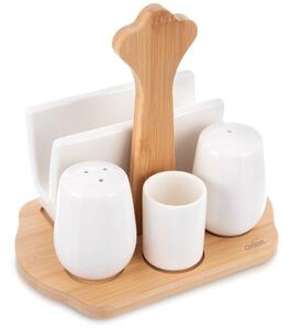 Solniczka i pieprzniczka porcelanowa ze stojakiem i serwetnikiem WHITELINE 5 el